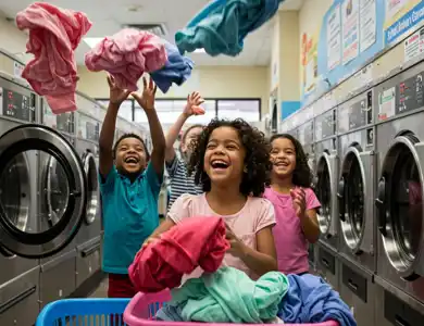 Happy Kids Doing Laundry